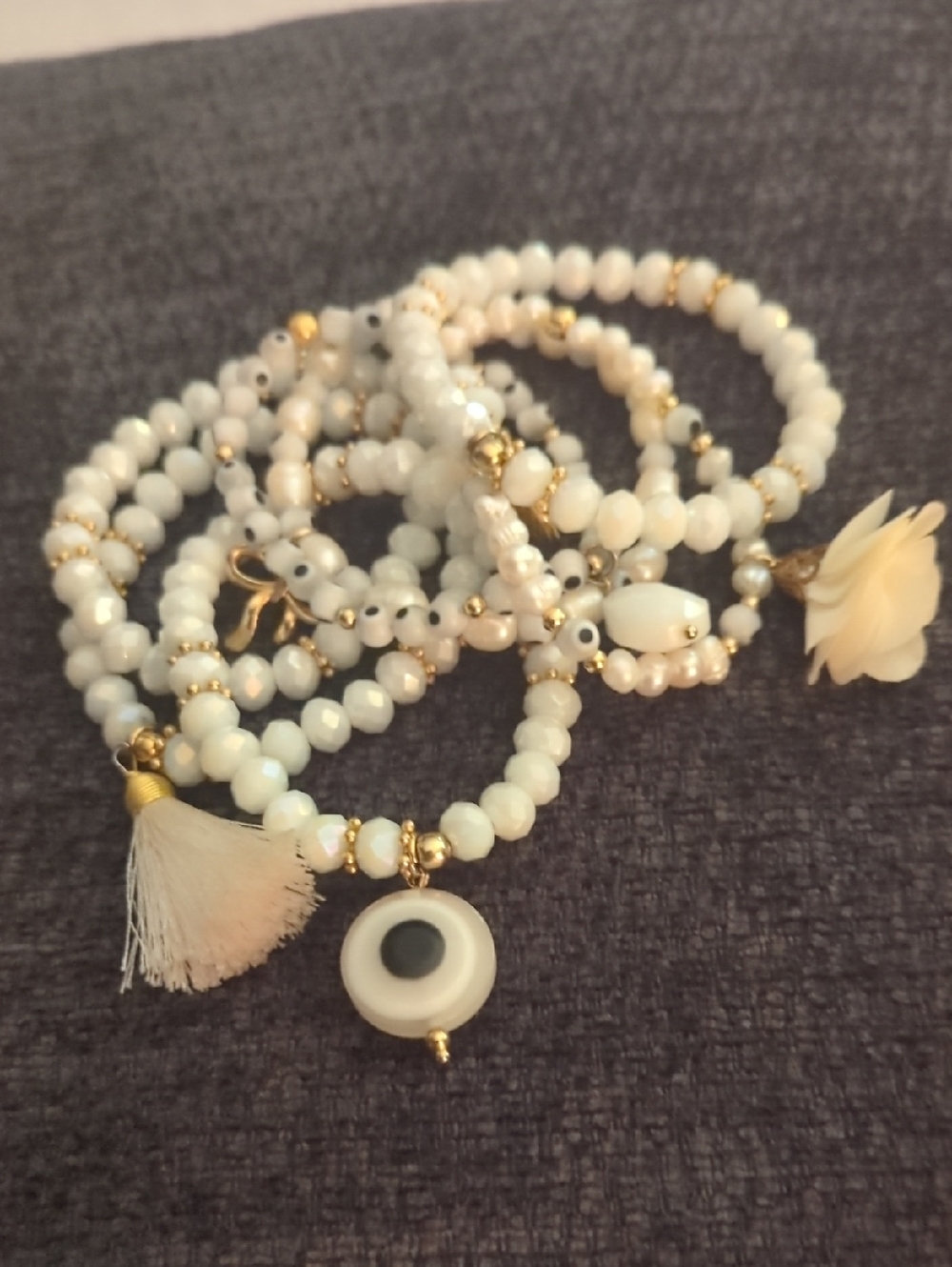 White Beaded Stretch Bracelet Set with Gold Accents